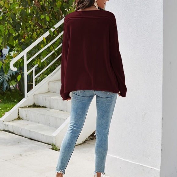 Solid vneck oversized  knit sweater - khaki - Picture 7 of 8